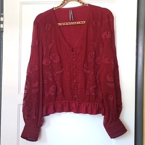 Anthropologie Embroidered floral Buttondown, SZ M Dark Red. BRAND NEW